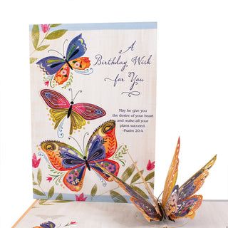 Birthday card with colorful butterflies and a pop-up butterfly on a white background