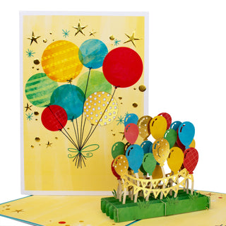 Open balloon birthday pop-up card showing the colorful balloons and Happy Birthday garland at an angle.