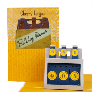 Open beer birthday pop-up card showing the six-pack of beer bottles at an angle.