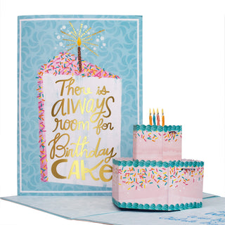 Open birthday cake pop-up card showing the pink and blue two-tier birthday cake at an angle.