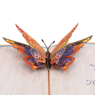 Front view of the colorful layered butterfly inside the butterfly birthday pop-up card.