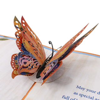 Front view of the colorful 3D butterfly inside the butterfly Mother's Day pop-up card.