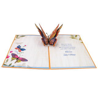 Fully open butterfly Mother's Day pop-up card with the colorful 3D butterfly and printed greeting.