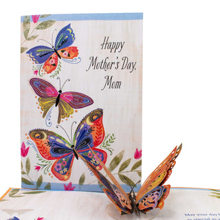 Open butterfly Mother's Day pop-up card showing the colorful 3D butterfly at an angle.