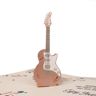 Close-up of the electric guitar details in the guitar birthday pop-up card