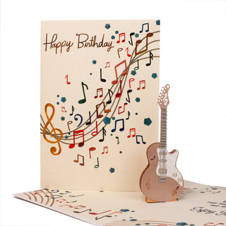 Open guitar birthday pop-up card showing the electric guitar at an angle.