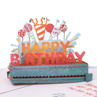 Close-up of the colorful Happy Birthday party decorations, balloons, and garlands details in the happy birthday party pop-up card.
