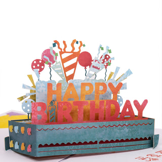 Front view of the colorful Happy Birthday party decorations, balloons, and garlands inside the happy birthday party pop-up card.
