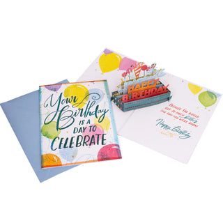 Inside message beside the colorful Happy Birthday party decorations, balloons, and garlands in the happy birthday party pop-up card.